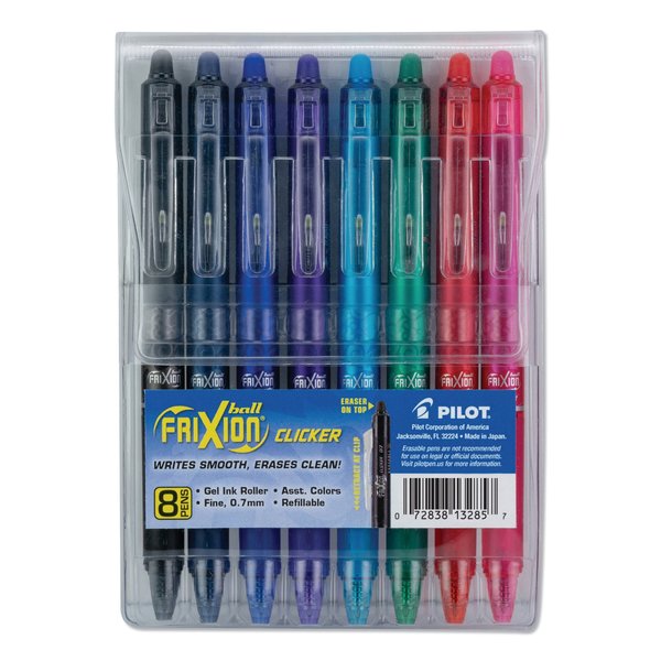 Pilot FriXion Clicker Erasable Gel Pen, Retractable, Fine 0.7 mm, Assorted Ink and Barrel Colors, PK8 PK 13285